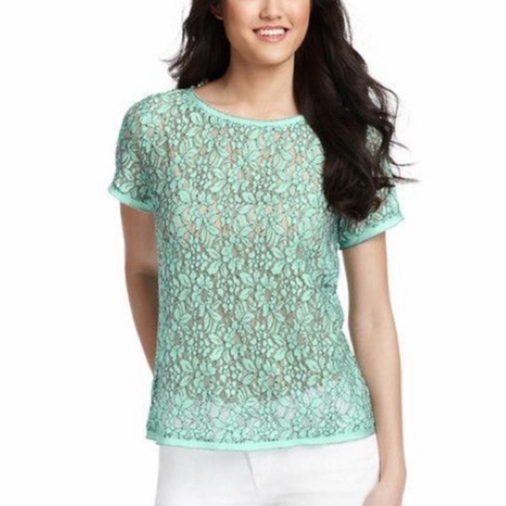 LOFT Sheer Green Floral Short Sleeve Top